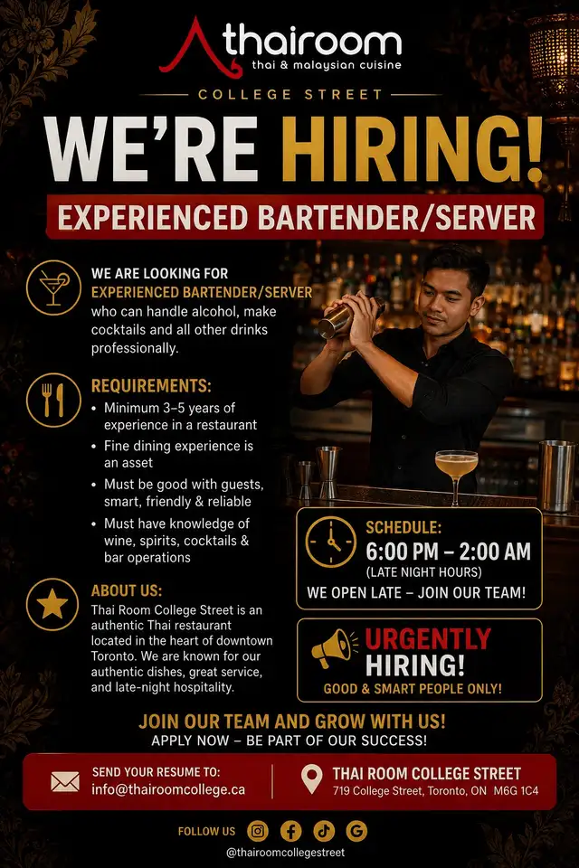 Experienced Bartender / Server Wanted (Urgent Hiring)
