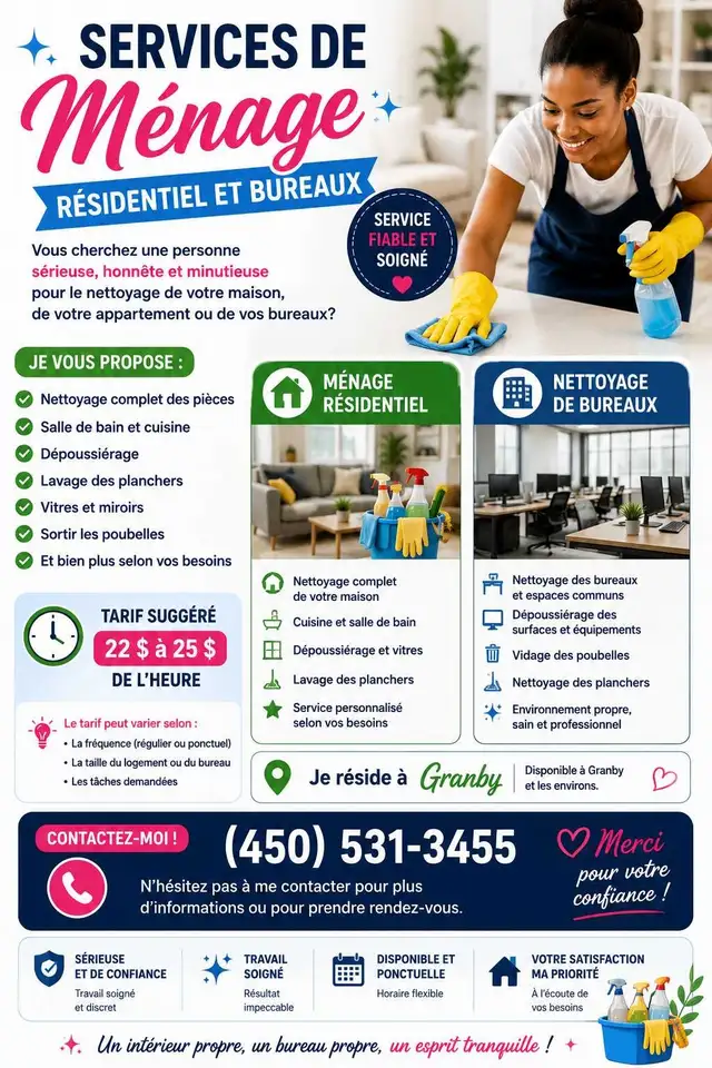 Services de ménage résidentiel et bureaux