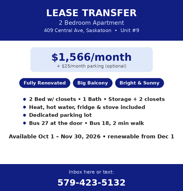 Lease Takeover — Renovated 2 Bedroom Apartment