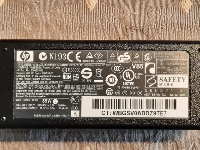Genuine HP 65W AC Adapter Power Charger 608425-003