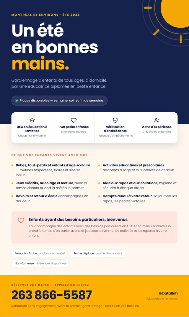 Gardienne d’enfants disponible tout l’été – Montréal