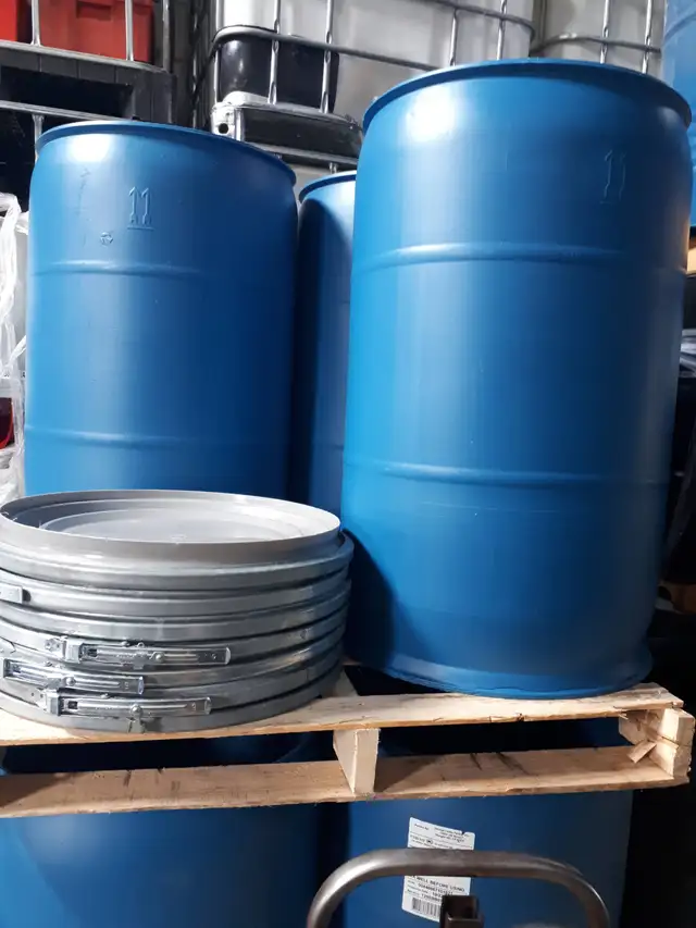 55 gallons plastic  food grade barrels.
