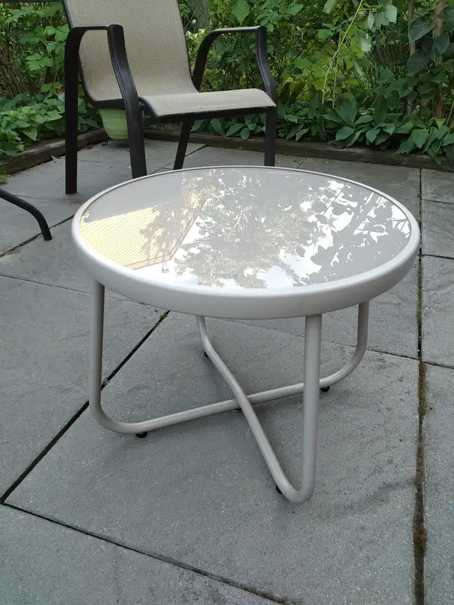 New small glass metal light grey patio side table
