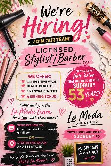 La Moda Hair Studio looking for Licensed Hair Stylist