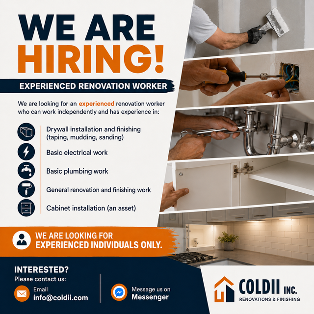 WE'RE HIRING – RENOVATION WORKER