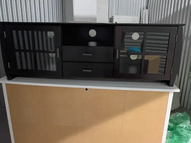Dark Wood TV Stand / Media Console with Glass Doors and Drawers