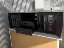 Dark Wood TV Stand / Media Console with Glass Doors and Drawers - Photo 3