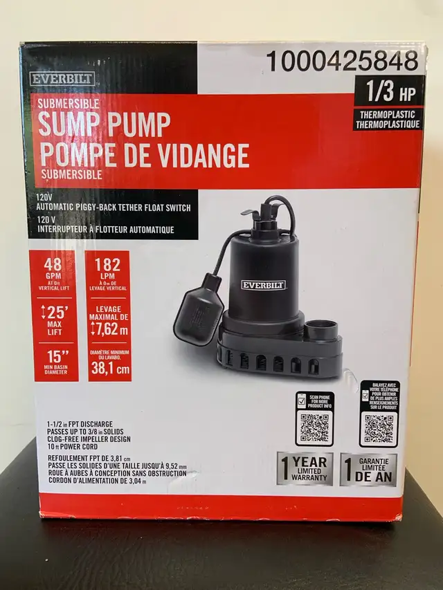 Submersible Sump Pump (1/3 HP, 120v) New