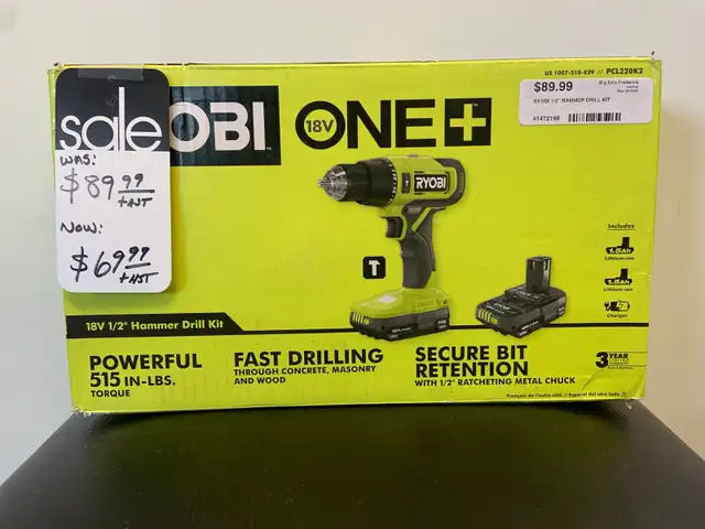 Ryobi 18v 1/2" Hanner Drill Kit New