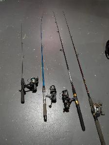 fishing rods and reels, vest, life jackets