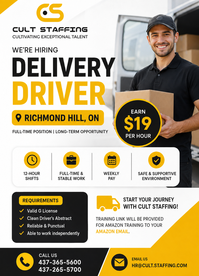 Delivery Driver – Richmond Hill | Full-Time | $19/Hour | G Licen