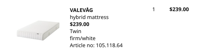 IKEA 'Valevag' Hybrid Mattress - Twin/Firm/White