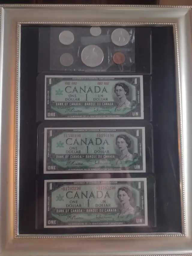 Framed 1967 Canadian centennial 3.banknotes and unc coin set