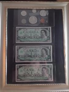 Framed 1967 Canadian centennial 3.banknotes and unc coin set