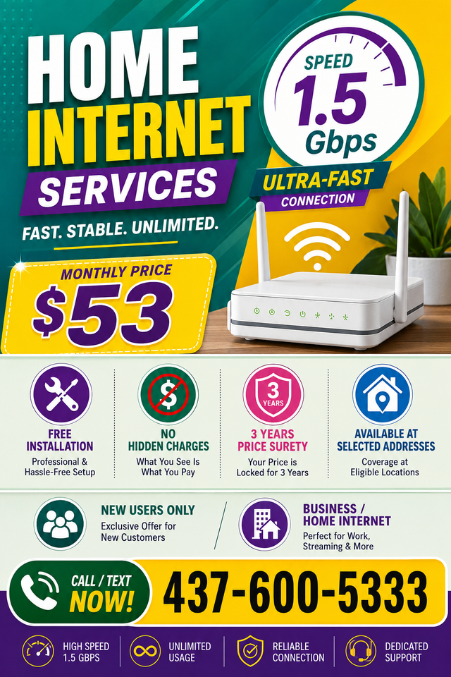 Home Internet Toronto - 1.5Gbps Unlimited $53