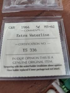 1964 Iccs MS62 Canadian extra waterline 5 cent coin