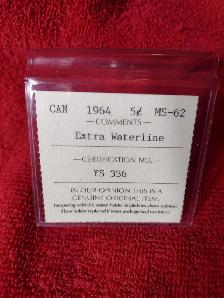 1964 Iccs MS62 Canadian extra waterline 5 cent coin - Photo 4
