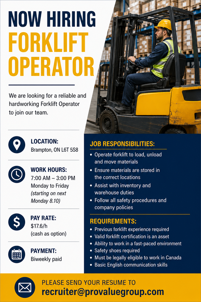 Now Hiring: Full Time Forklift Operator in Brampton