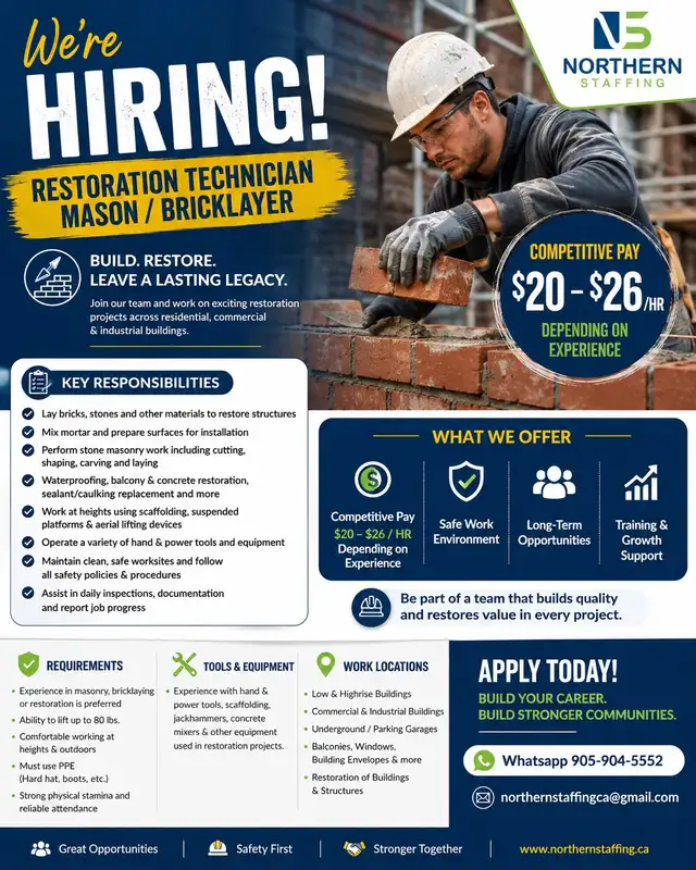 HIRING- Experienced Bricklayer/ Mason