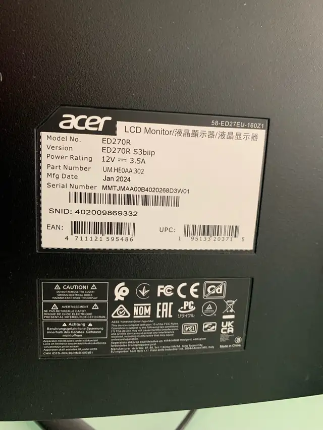 180hz 27 inch Acer gaming monitor