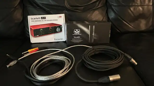 Mic, cables, tripod and Focusrite audio interface