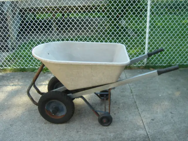 Contractors style wheelbarrow,, dual wheels, rear wheels, used