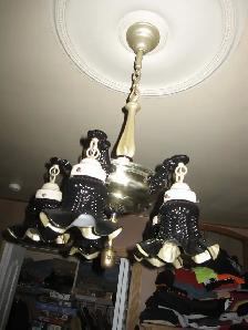 5 ARM BRASS LIGHT FIXTURE WITH BLACK & BRONZE SHADES
