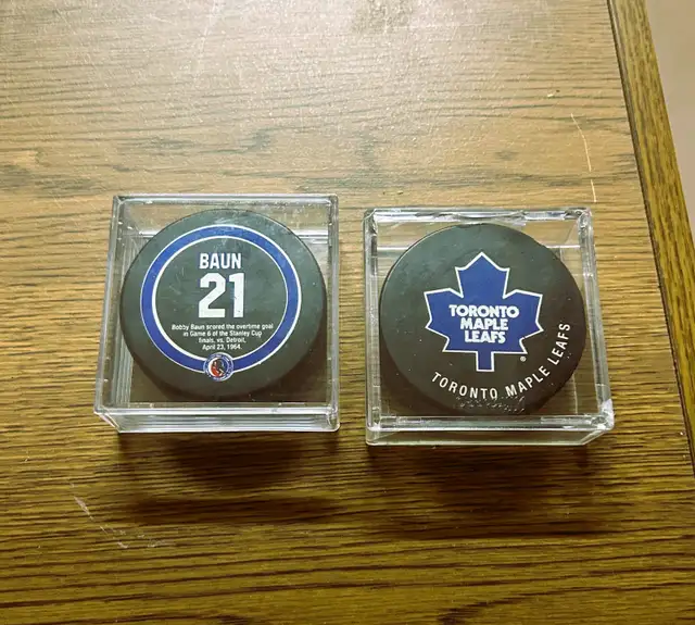 Toronto Maple Leafs Bobby Baun & Ron Ellis Encased Hockey Pucks