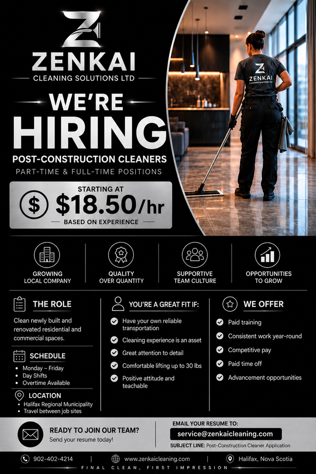 POST-CONSTRUCTION CLEANERS WANTED – FULL-TIME & PART-TIME