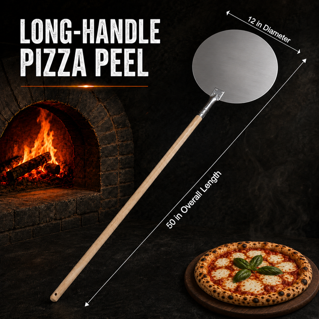 50' Long-Handle Pizza Peel – 12' Round Metal Paddle