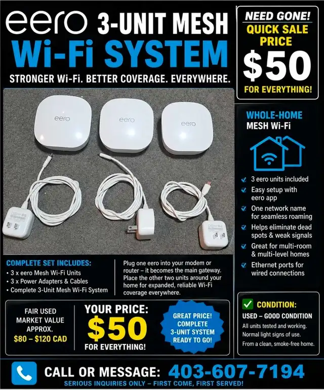 EERO 3-UNIT MESH Wi-Fi SYSTEM, COMPLETE SET, $50