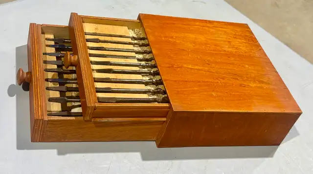 Vintage Steel Auger Set In Handmade Wooden Box