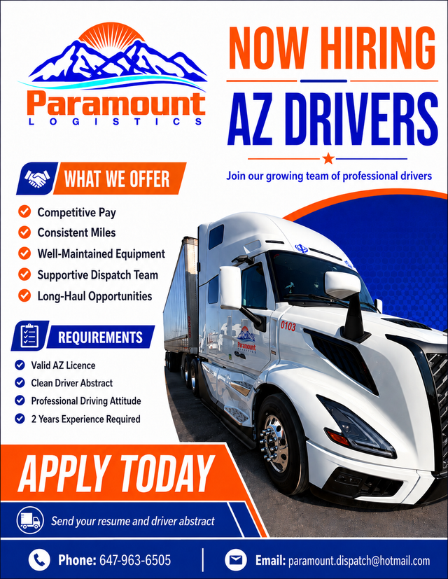 HIRING AZ Drivers for ON to USA - Mid-west