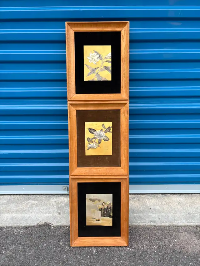 Vertical Triptych of Framed Asian Style Artwork.