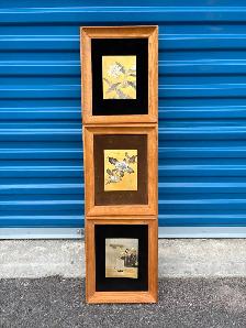 Vertical Triptych of Framed Asian Style Artwork.