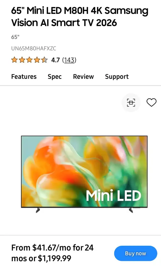 Samsung 65' M80H Mini LED 4K Smart TV – 2026 Model