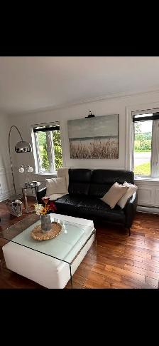 divan en cuir , table avec pouff et lampe torchère
