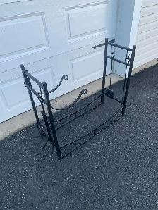 large firewood rack with tools and kindling holder