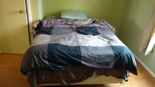 Free bedframe, box spring and 5yr old mattress. Pickup only Thx