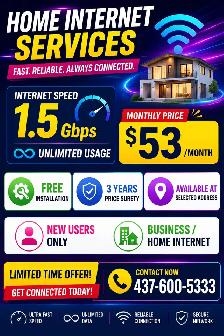 1.5 Gbps Unlimited Home Internet | $53/Month | Free Installation