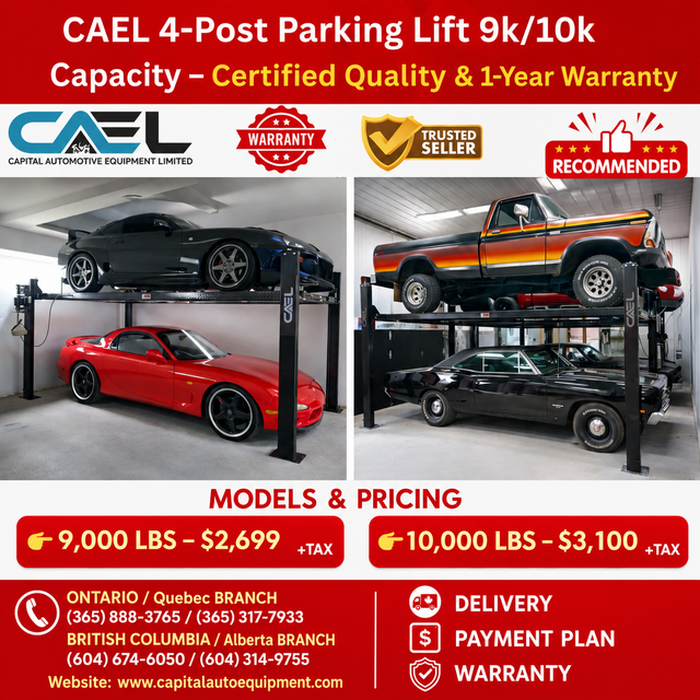 New CAEL 4-Post Parking & Storage Car Lifts – 9,000 / 10,000 lb