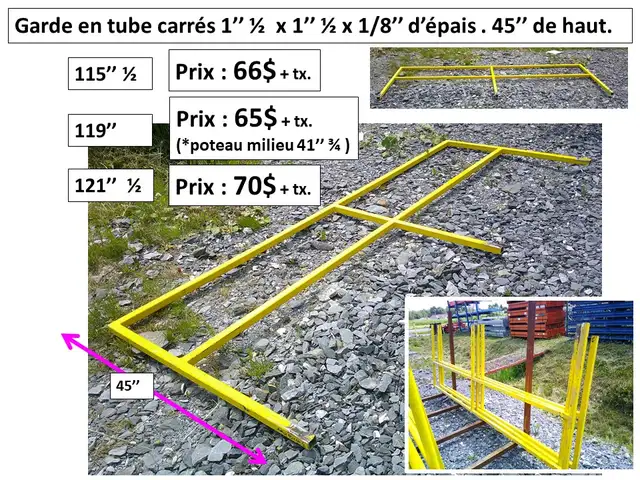 Garde, barrière en tube1'' 1/2 x 1'' 1/2x 1/8'' 45'' haut