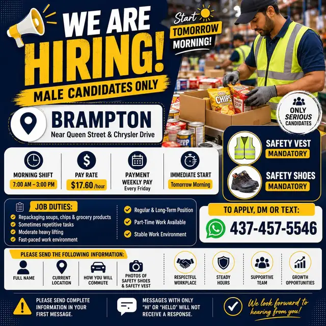 General Labour- Brampton-AM shift- Male candidates preferred