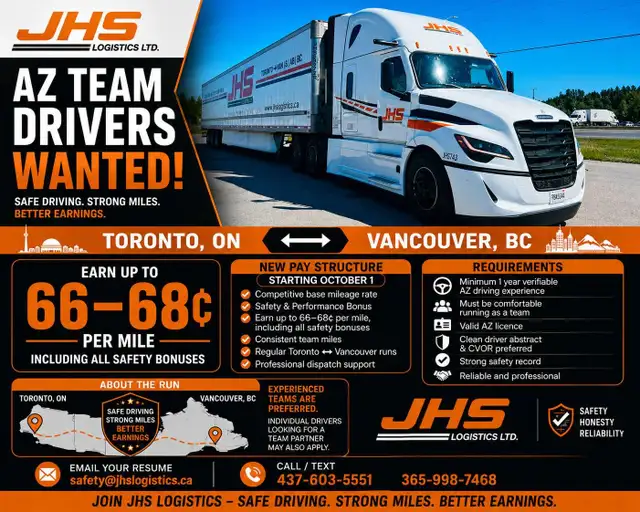 HIRING AZ TEAM DRIVERS – TORONTO ↔ VANCOUVER