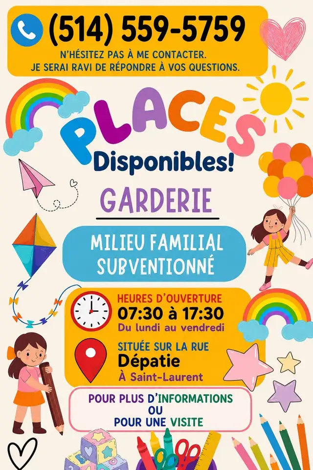 Place disponible à la garderie à Saint-Laurent