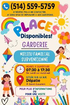 Place disponible à la garderie à Saint-Laurent