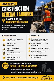 NOW HIRING – CONSTRUCTION GENERAL LABOURER