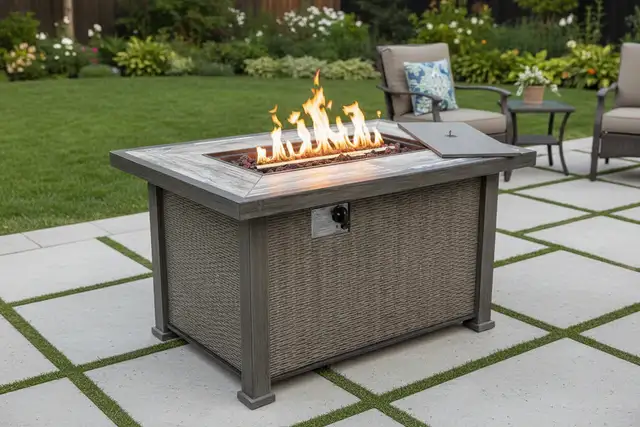 Brand New Gray Oak Propane Fire Pit Table - Aluminum $299
