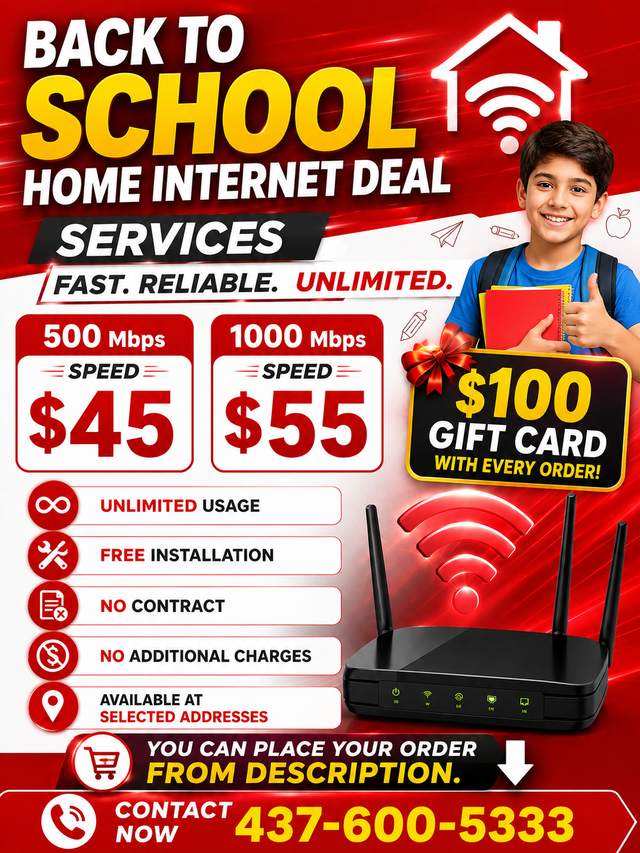 'Back to School'|Cheap Home Internet|500 Mbps $45|Fiber Internet
