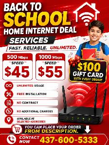 'Back to School'|Cheap Home Internet|500 Mbps $45|Fiber Internet